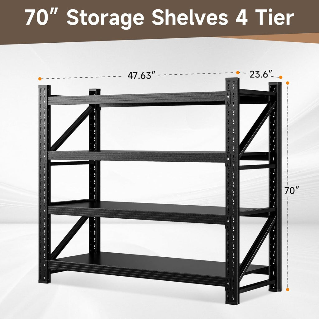 3000LBS Storage Shelves,48" W Garage Shelving Heavy Duty 4 Tier Metal Storage Rack Shelf，Industrial Shelving Adjustable Shelf for Basement Warehouse 48" W x 24" D x 70" H，Black