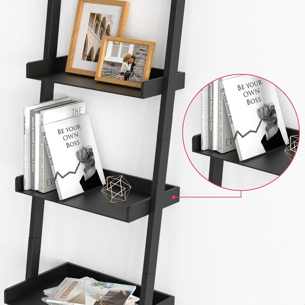 Ballucci 5-Tier Ladder Shelf, Modern 67" Tall Wood Leaning Shelf Organizer for Living Room, Bathroom, Office, Bedroom - Black