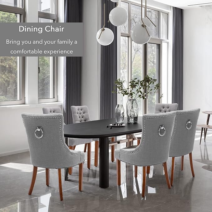 Upholstered Dining Chairs with Arms, Set of 6, Dining Room Chairs with Solid Wood Legs and Tufted Backrest(Linen+Grey)