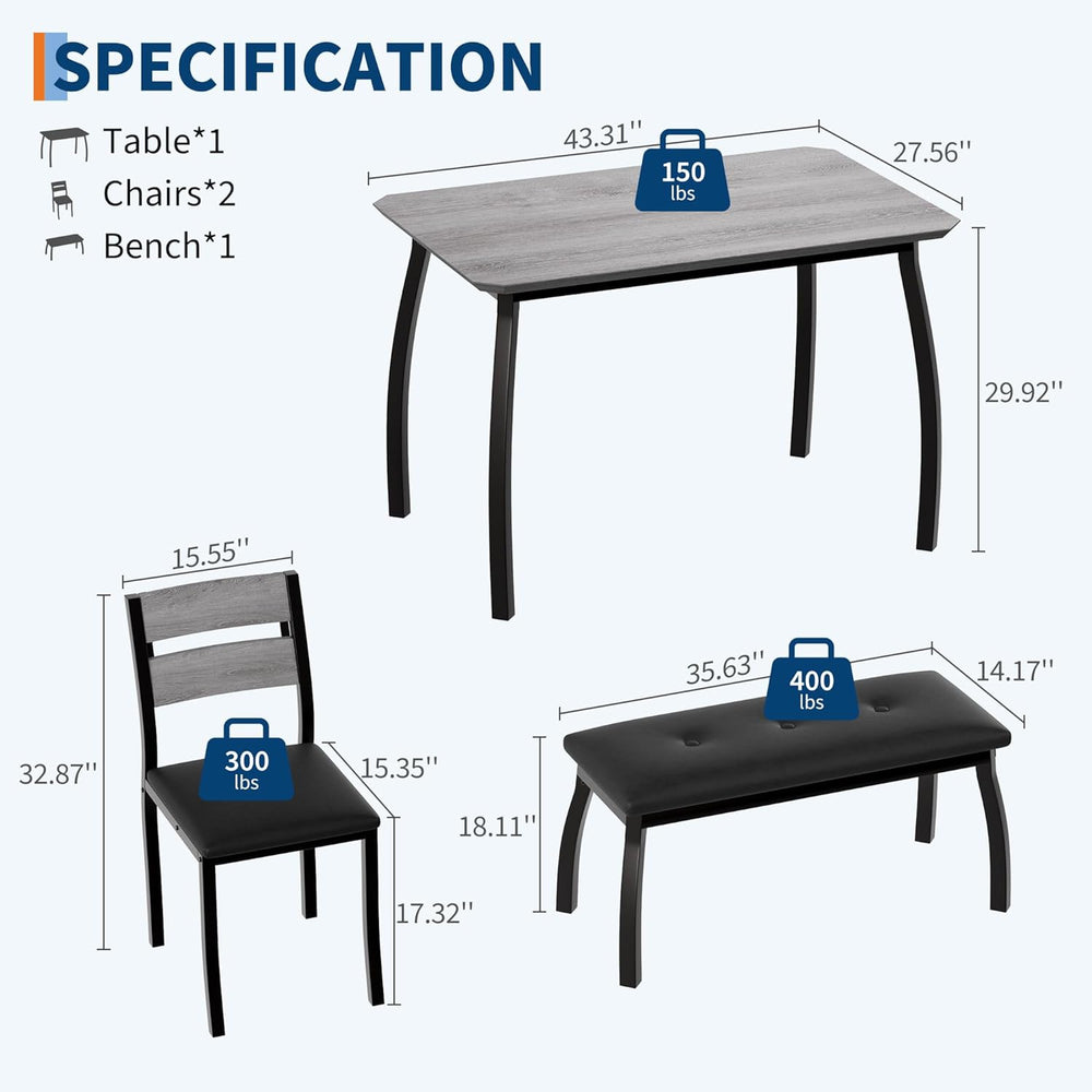 IDEALHOUSE 43'' Dining Table Set for 4, Wooden Kitchen Table with Uph...