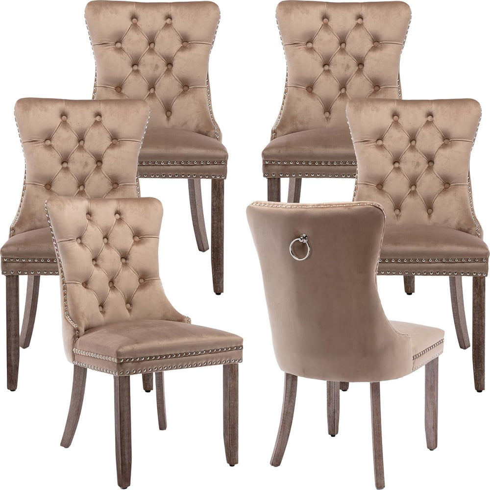 OVENTA Modern Tufted Upholstered Dining Chairs Set of 6, Sand Velvet Dining R...