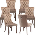 Modern Dining Chairs Set of 6, Tufted Upholstered Dining Chair with Solid Wood Legs, Camel Velvet Accent Chair, Sillas de Comedor, 6 Dining Chairs (Khaki, Velvet, 6Pcs)