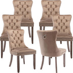 Modern Dining Chairs Set of 6, Tufted Upholstered Dining Chair with Solid Wood Legs, Camel Velvet Accent Chair, Sillas de Comedor, 6 Dining Chairs (Khaki, Velvet, 6Pcs)