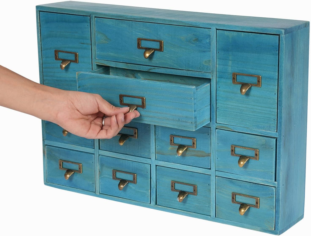 12-Drawer Wooden Storage Cabinet Organizer, Apothecary Cabinet Vintage Library Card Catalog Cabinets for Countertop Apothecary Tea Coffee Pod Storage (Blue)