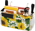 Cute Yellow Sunflowers and Dragonflies Bedside Caddy for Dorm Bed Bedside Hanging Caddy Bag Iron Frame Storage Organizer Pocket for Bunk Home College Hospital Beds 2 Hooks