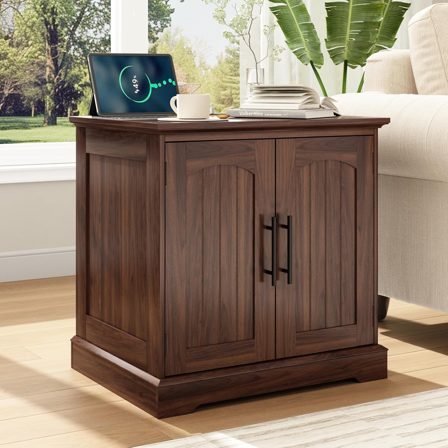HOKYHOKY Rattan End Table with Charging Station, 24" Large Sofa Side Tabl | 2 Arched Doors, Boho Wood Square Nightstand, Bedside Tables with Adjustable Storage Shelf, Living Room, Bedroom