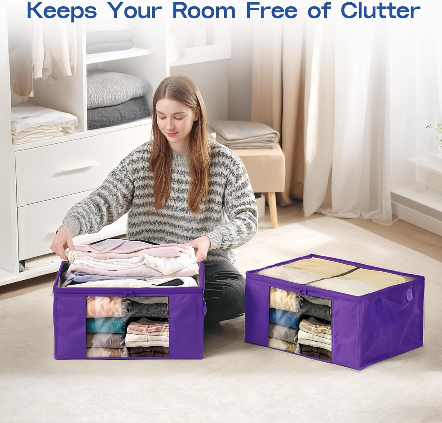 Clothes Storage Bags, Foldable Thick Fabric Blanket Storage Bags, Large Clear Window & Carry Handles, Great for Clothes, Blankets, Closets, Pillows, Toys (Purple, 4PACK)