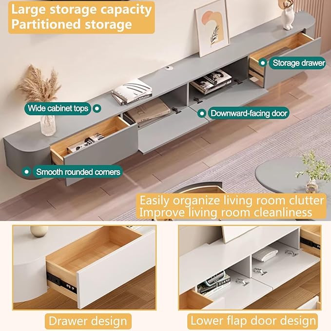 Floating TV Stand with Drawers, Pre-Assembled Wall Mounted TV Console, Modern Floating Media Console for Living Room, Space-Saving Floating TV Cabinet (Gray, 102.3in/260cm)