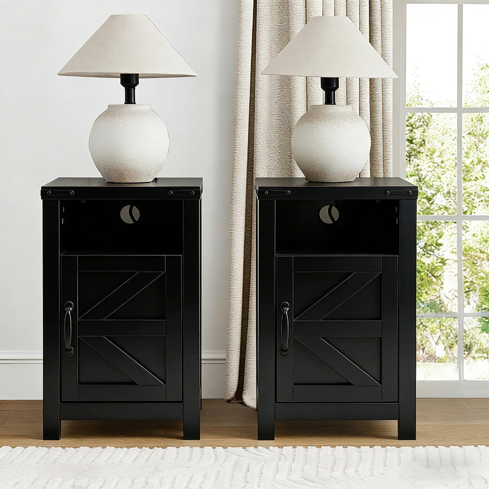 Farmhouse Nightstand Set of 2 with Charging Station, Modern Bedside Table wit...