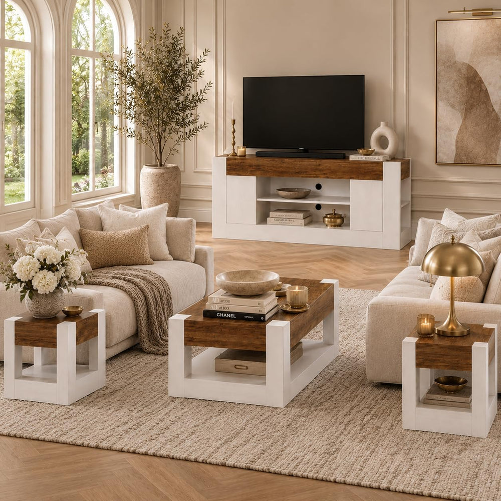 Farmhouse Living Room Table with Storage Set of 4, White | Include 70" T...