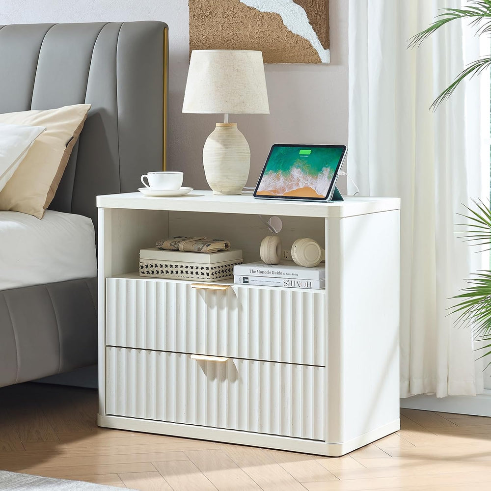 LEYAOYAO 31" Wide Fluted Nightstand Set of 2 with Charging Station, Over...