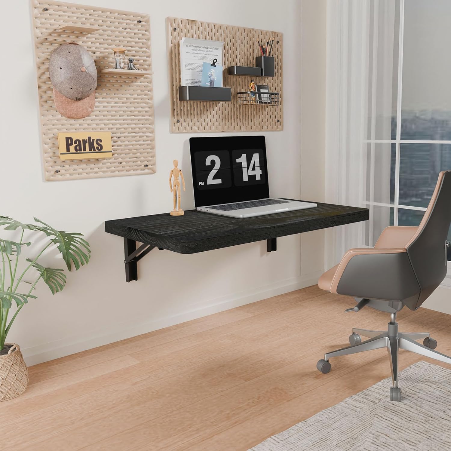 IAE Wall Mounted Folding Table with Pine Wood,24" x 14" Floating Wall Desk,Laundry Folding Table with Shelf Brackets,Fold Down Desk Shelf,Folding Workbench for Home,Dining,Laundry Room,Kitchen,Black