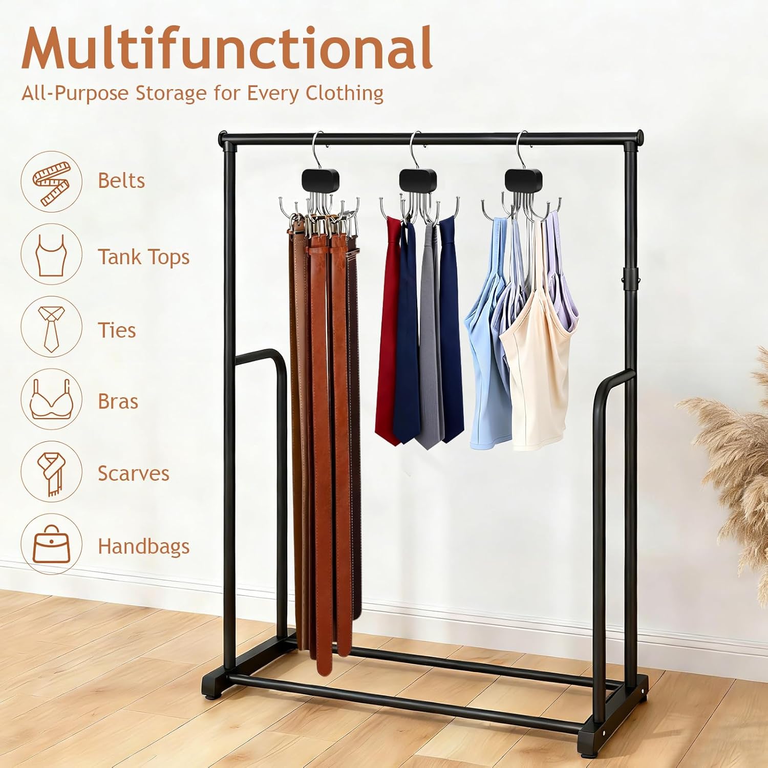 Belt Hanger for Closet, 3 Pack Belt Organizer for Closet Space Saving & Storage, 360° Rotatable & Foldable Hooks, Large Capacity Holder Rack for Tie, Tank Top, Bra, Purse, Hat (Black)