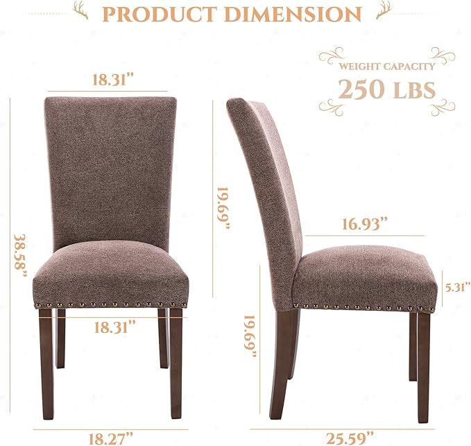 Parsons Dining Chairs Set of 6, Upholstered Nailhead Dining Room Kitchen Side Chair with Thick Cushions and Wood Legs, Brown