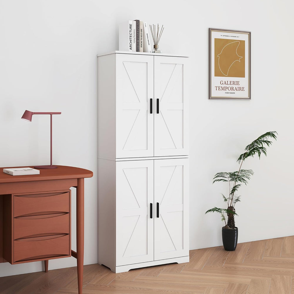 Farmhouse Storage Cabinet with 4 Door, Kitchen Pantry Storage with 4 Adjustab...