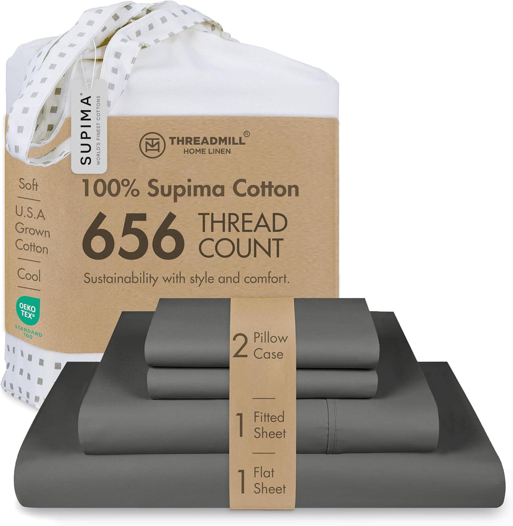 Threadmill American Supima King Size Sheets Set | 656 Thread Count 4 Piece Luxury Bed Sheets for King Size Mattress | 5 Star Hotel Quality Sheets with Elasticized Extra Deep Pocket | Dark Grey Sheets