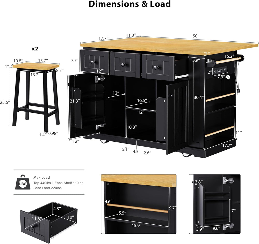 53" Kitchen Island with 2 Bar Stools, Large Rolling Kitchen Island on 5 ...