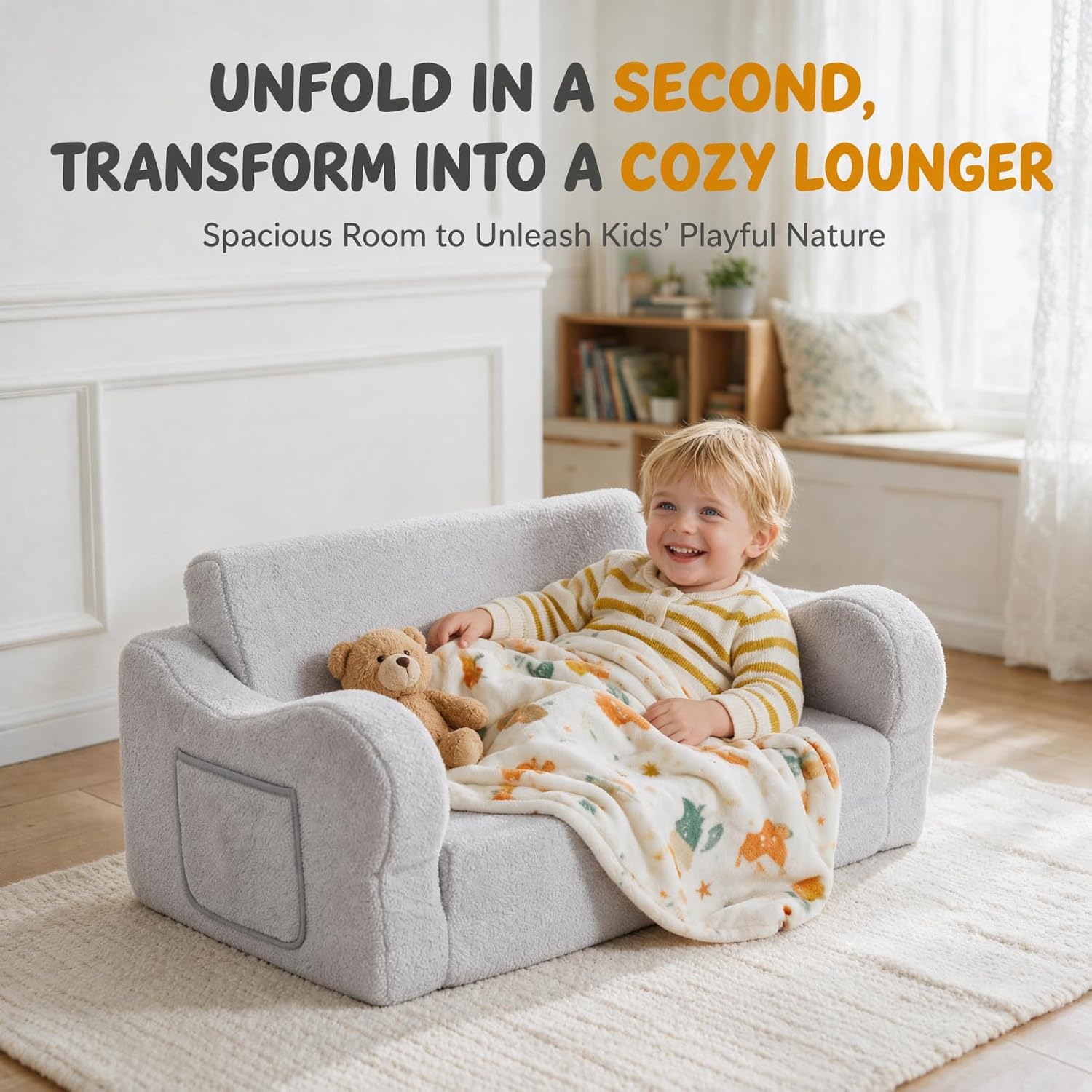 Extra Wide Toddler Couch, Foldable Kids Sofa to Lounger, Grey | Toddler Chair Fold Out, Reading & Playing, Living Room Playroom, Boys & Girls, Lightweight, Removable Washable Cover