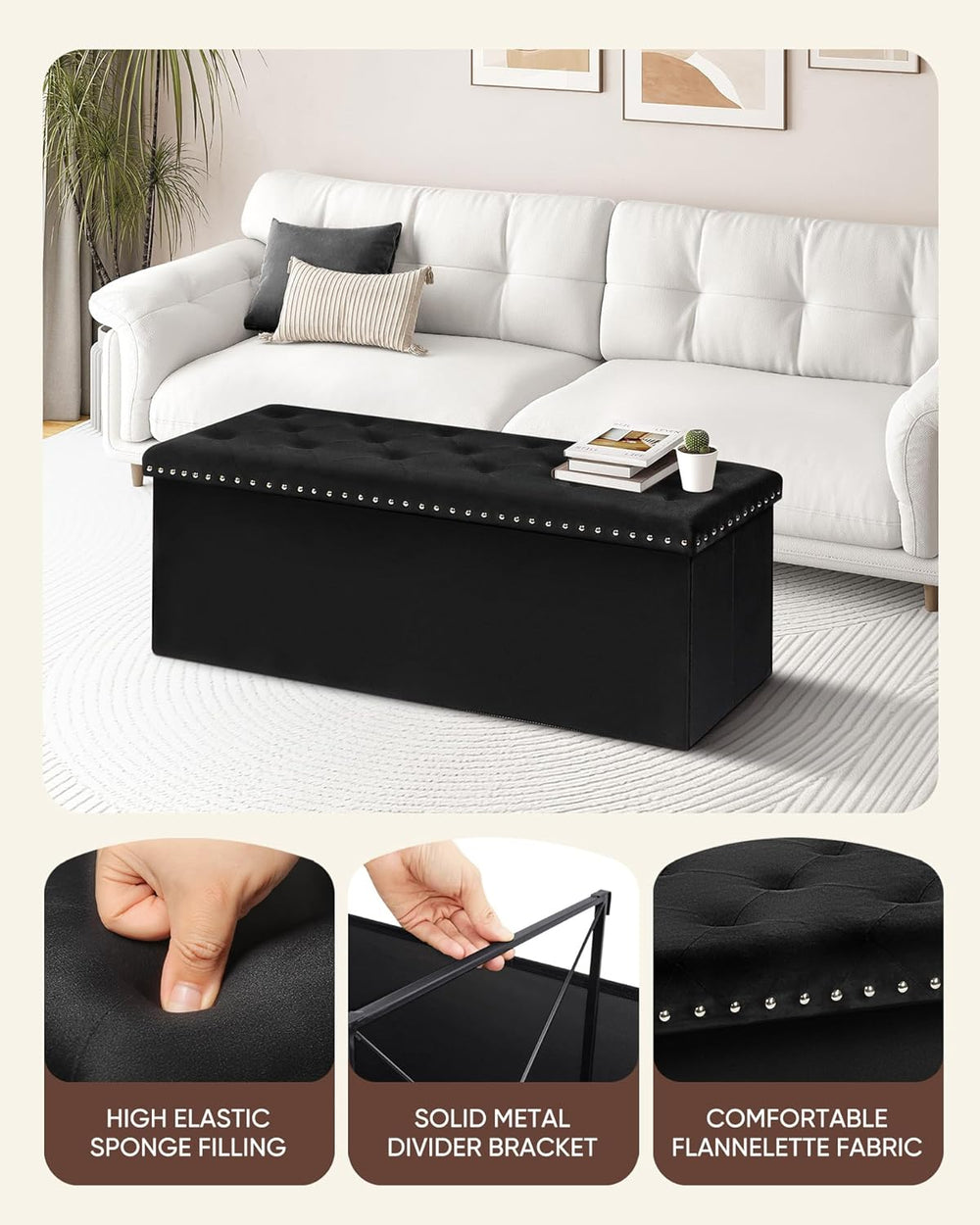 B FSOBEIIALEO Storage Ottoman Bench, 43" Velvet Ottoman with Storage, Bl...