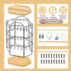 Rotating Earring Display Stand for Vendors, 48 Hooks Hexagon Bamboo Jewelry Holder, Large Capacity Jewelry Storage Showing Rack for Selling, Store, Home, Necklace Bracelet Keychain, 3 Tiers