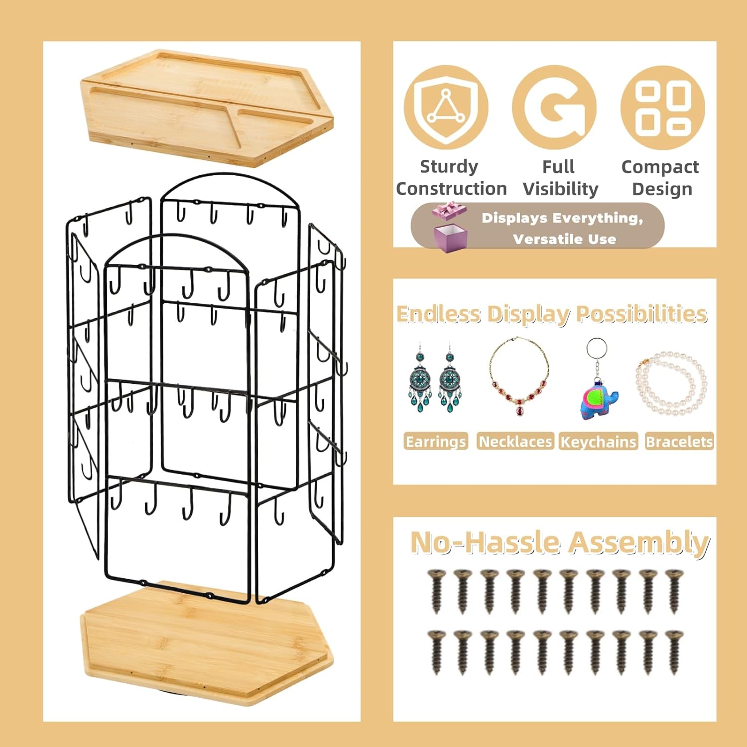 Rotating Earring Display Stand for Vendors, 48 Hooks Hexagon Bamboo Jewelry Holder, Large Capacity Jewelry Storage Showing Rack for Selling, Store, Home, Necklace Bracelet Keychain, 3 Tiers