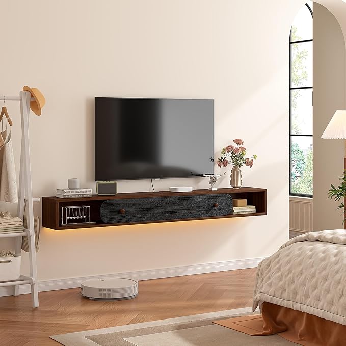 Furninova Floating TV Stand,Wall Mounted Entertainment Center for 75+ Inch TV,Plywood Floating Media Console with 1 Flip Down Door & Cable Management,Modern Space Saving TV Shelf,70'' (Walnut & Black)