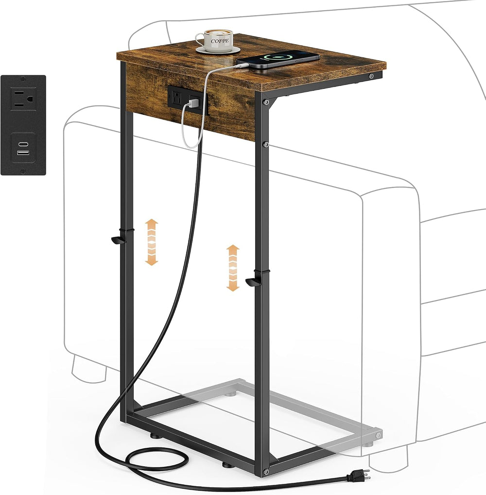Vagusicc C Shaped End Table with Charging Station, Adjustable Height Side Tab...
