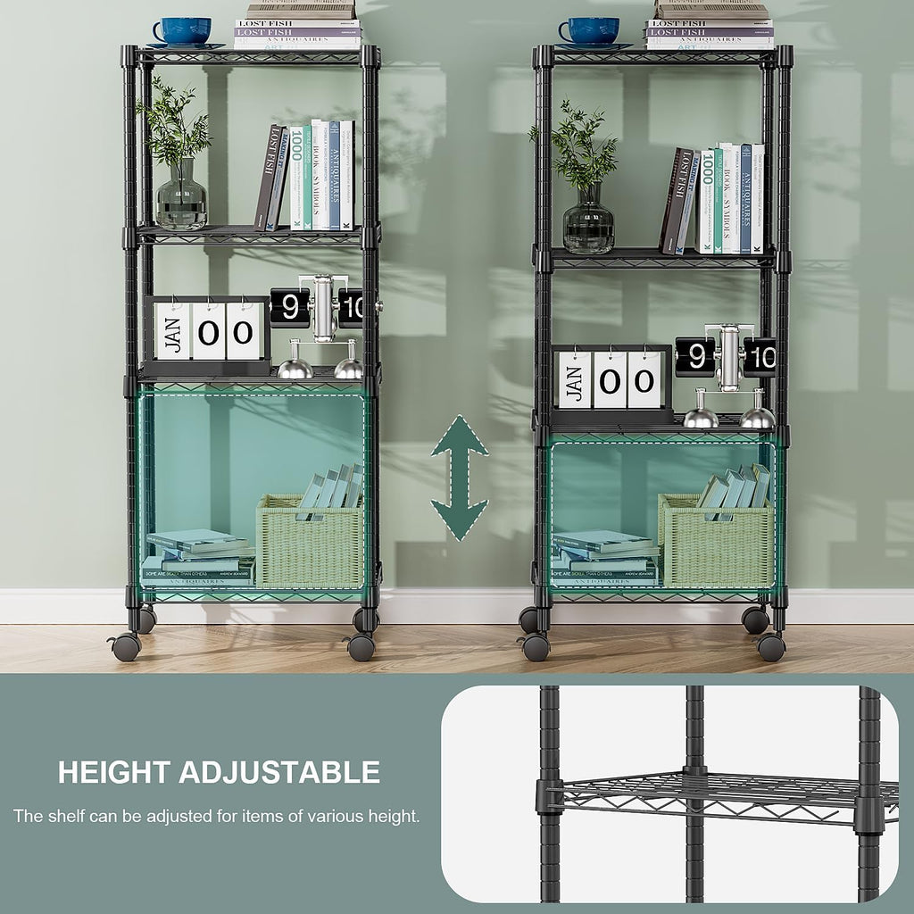 4-Shelf Adjustable Heavy Duty Steel Wire Rack, Adjustable Storage Shelving Unit with Wheel for Kitchen, Garage, Laundry Black 11.8" D x 17.7" W x 40.8" H
