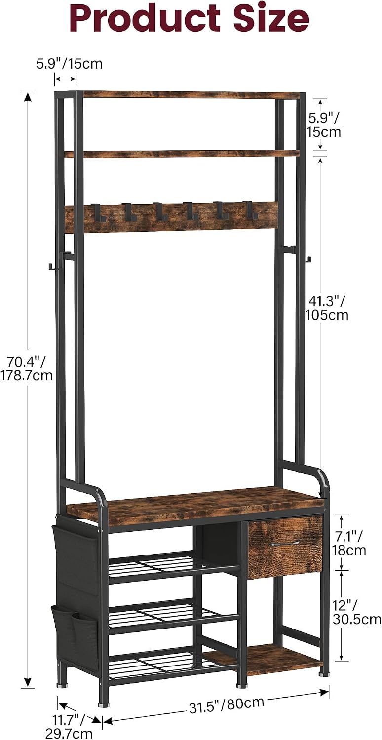 Homeiju Hall Tree with Bench and Shoe Storage, 3-in-1 Entryway Organizer with 6+2 Hooks, Coat Rack with Adjustable Feet for Stability, Mudroom Furniture with Storage Shelf