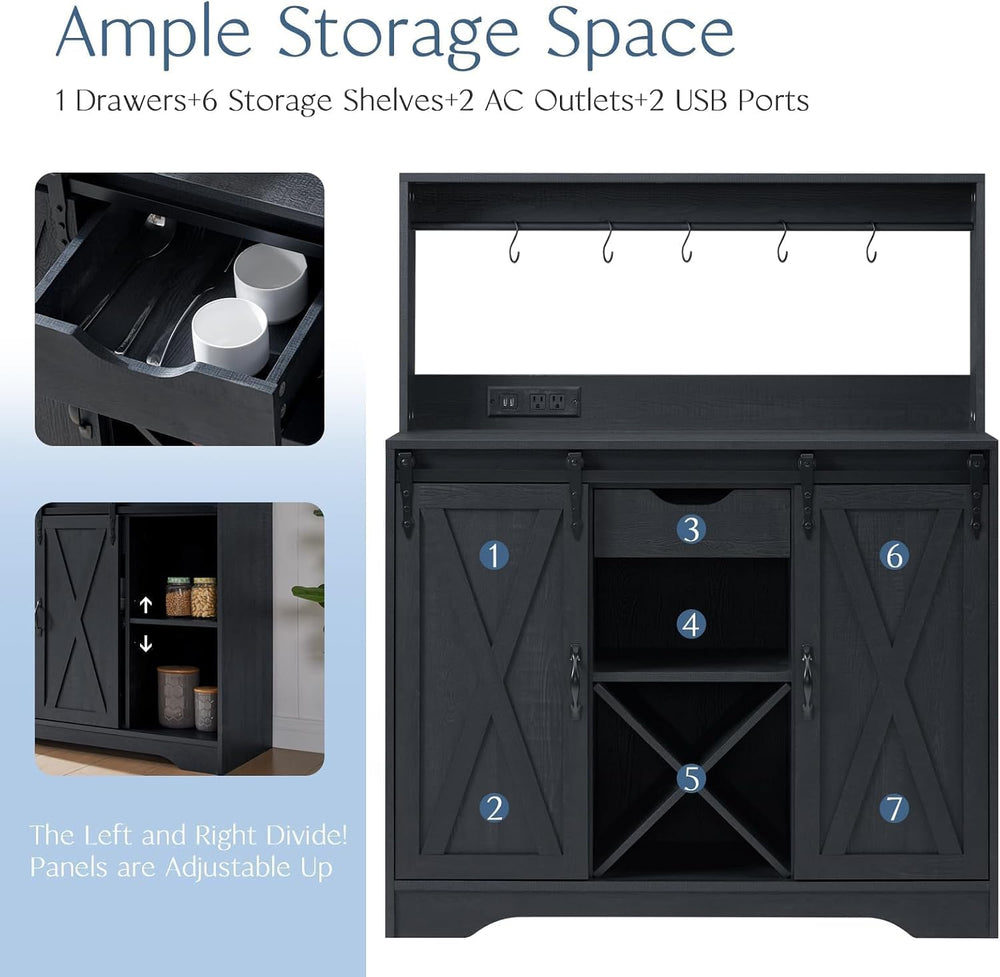Wnutrees Farmhouse Coffee Bar Cabinet with Charging Station and USB, Black | ...