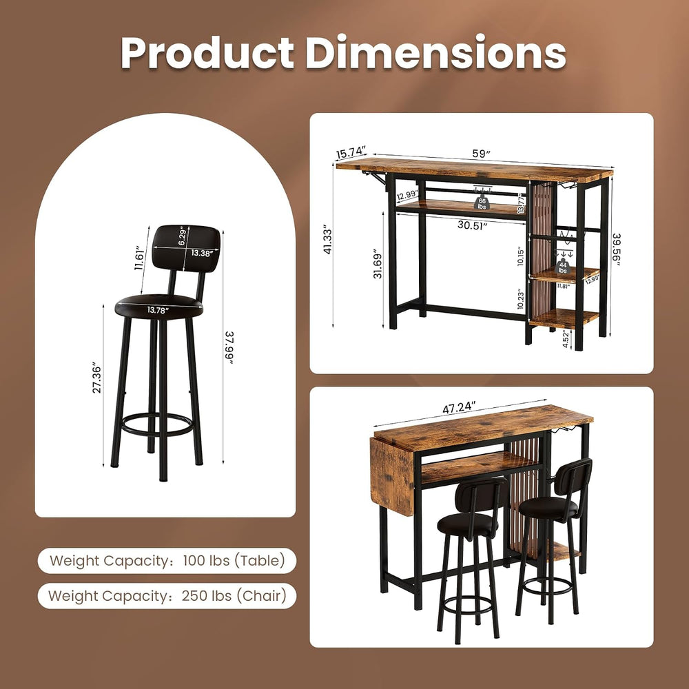 Recaceik Bar Dining Table Set, 59" Expandable Kitchen Counter Height Din...
