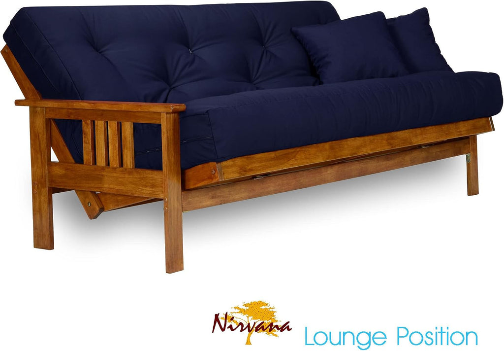 Stanford Futon Set - Full Size Futon Frame with Mattress Included (8 Inch Thick Mattress, Twill Navy Blue Color), Heavy Duty Wood, Popular Sofa Bed Choice