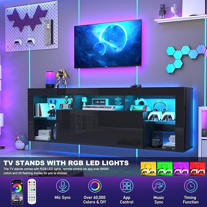 71" Floating High Gloss LED TV Stand for up to 85" TVs, Wall-Mounted Entertainment Center, Modern Media Console w/USB Outlets, Open Adjustable Glass Shelf&Hidden Storage Cabinet, Black
