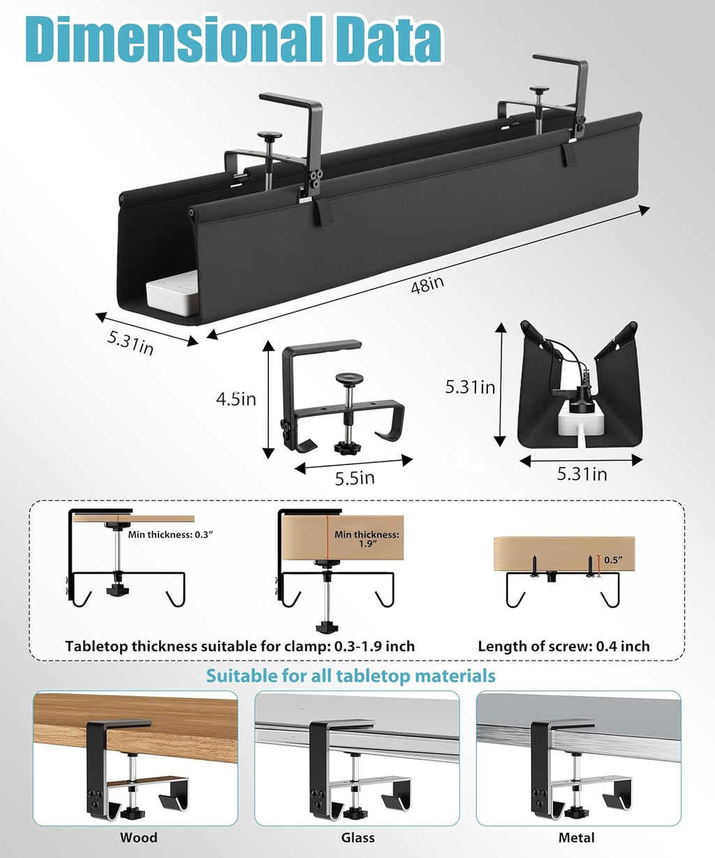 Oxford Cloth Under Desk Cable Management Tray,No-Drill 48" Desk Cable Management Organizer with Clip/Screw Installation,Holds Up to 70 lbs,Fabric Cable Management for Home,Office & Gaming Computer