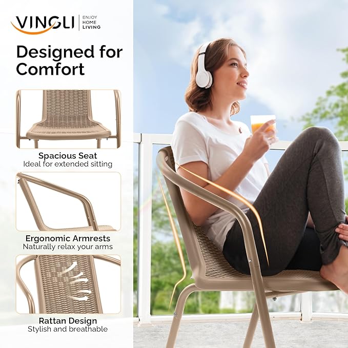 VINGLI Plastic Stackable Patio Chairs, Set of 4, Champagne