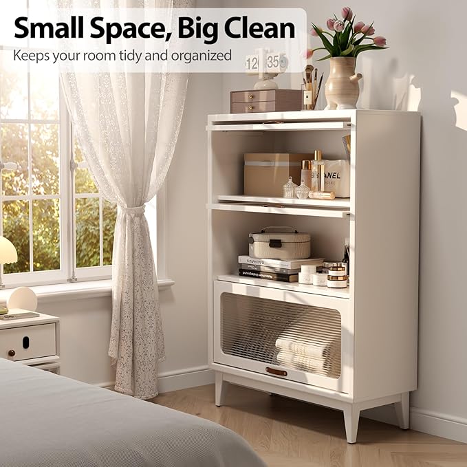 Solid Wood Storage Cabinet with Glass Doors, 3 Shelf Small Storage Cabinet, Mid Century Modern Bookcase, Kitchen Pantry Cabinet (White, 31.5" W)