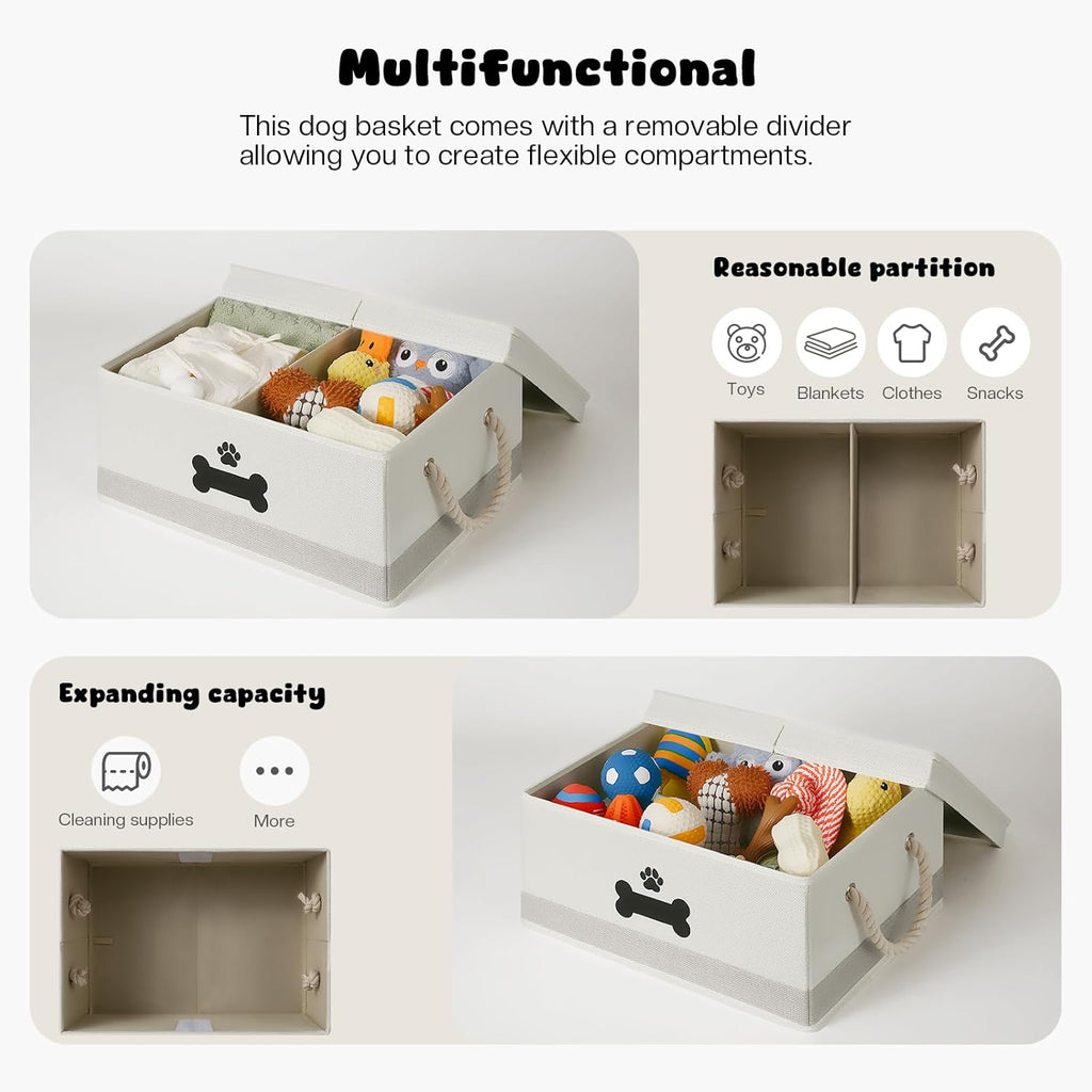 Dog Toy Basket with Double-Open Lid, Divided Dogs Basket for Toys, Collapsible Pet Toys Box, Dog Storage Organizer with 2 Divided Area, Puppy Toy Baskets with Rope Handles, Beige & Gray