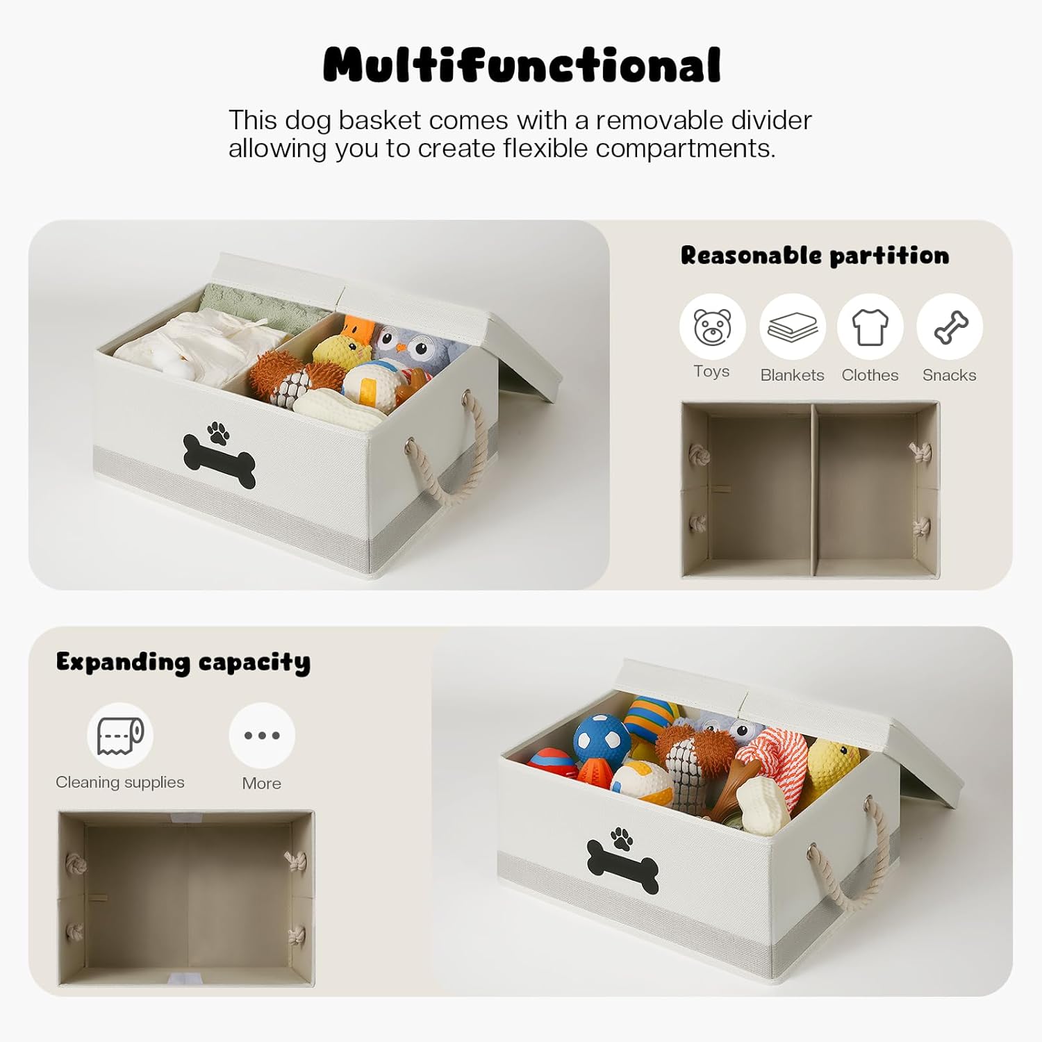 Dog Toy Basket with Double-Open Lid, Divided Dogs Basket for Toys, Collapsible Pet Toys Box, Dog Storage Organizer with 2 Divided Area, Puppy Toy Baskets with Rope Handles, Beige & Gray