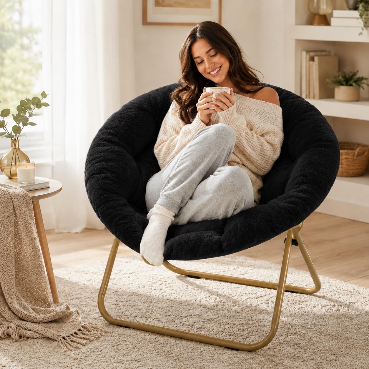 HealSmart Saucer Chair, Comfy Faux Fur Chair for Bedroom, Saucer Chairs for Adults, Teens, Round Shaped Moon Chair with Foldable Metal Frame, Black