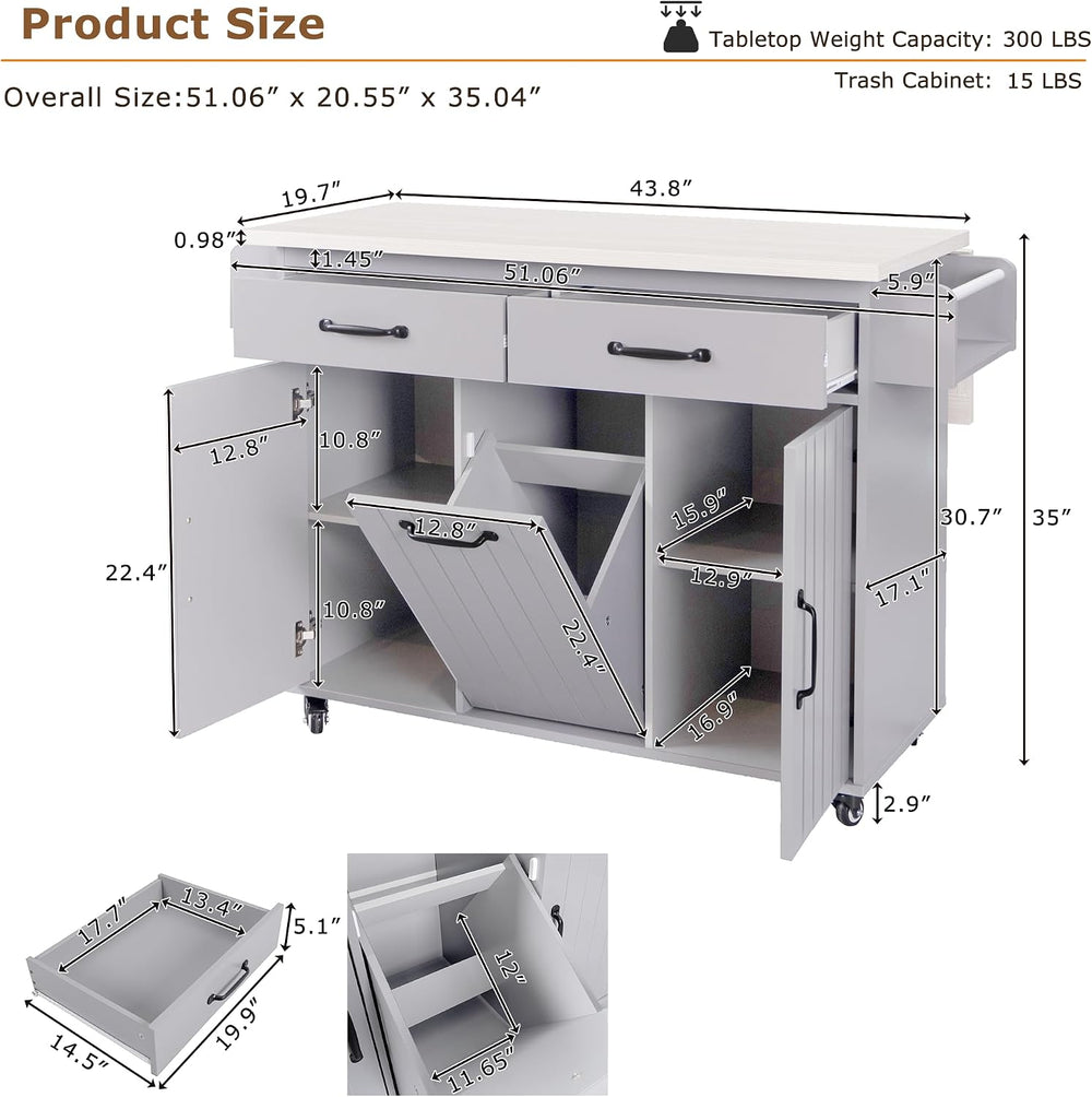 51" Rolling Kitchen Island with Tilt-Out Trash Cabinet & Drop Leaf |...
