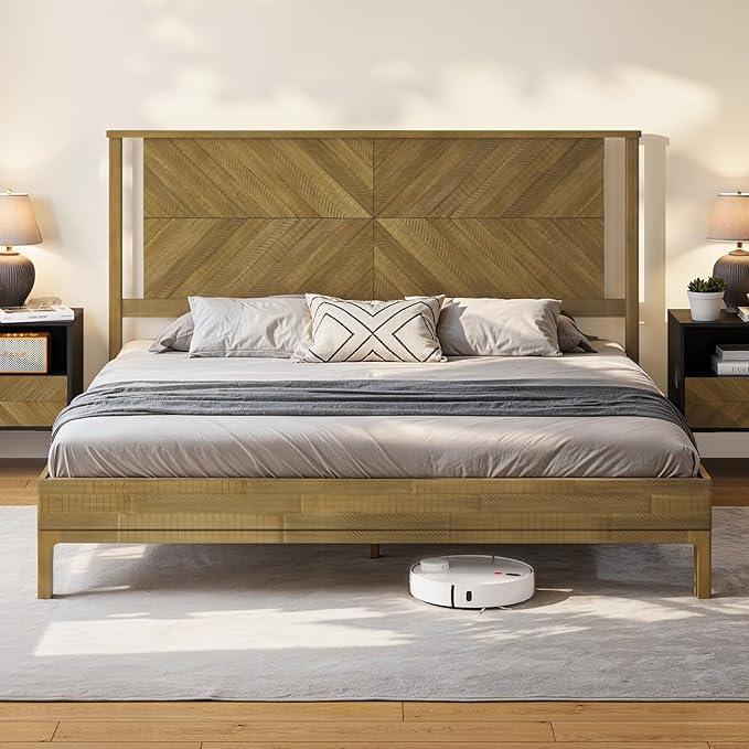 Bme Vivian 14 Inch Deluxe Bed Frame with Headboard, Rustic & Scandinavian Style with Solid Acacia Wood, No Box Spring Needed, 12 Strong Wood Slat Support, Easy Assembly, King, Rustic Seadrift