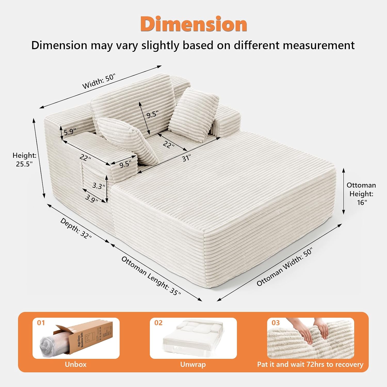 Boneless Chaise Lounge, 67" Oversized Chaise Lounge Chair Indoor with Side Pockets&Wide Armrests, Deep Seat Sleeper Sofa Bed, Cloud Corduroy Couch (Off-White, with Pockets)