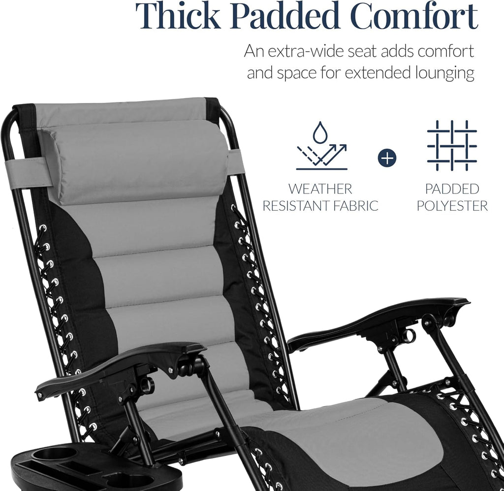 Best Choice Products Oversized Padded Zero Gravity Chair, Folding Outdoor Patio Recliner, XL Anti Gravity Lounger for Backyard w/Headrest, Cup Holder, Side Tray, Polyester Mesh - Gray