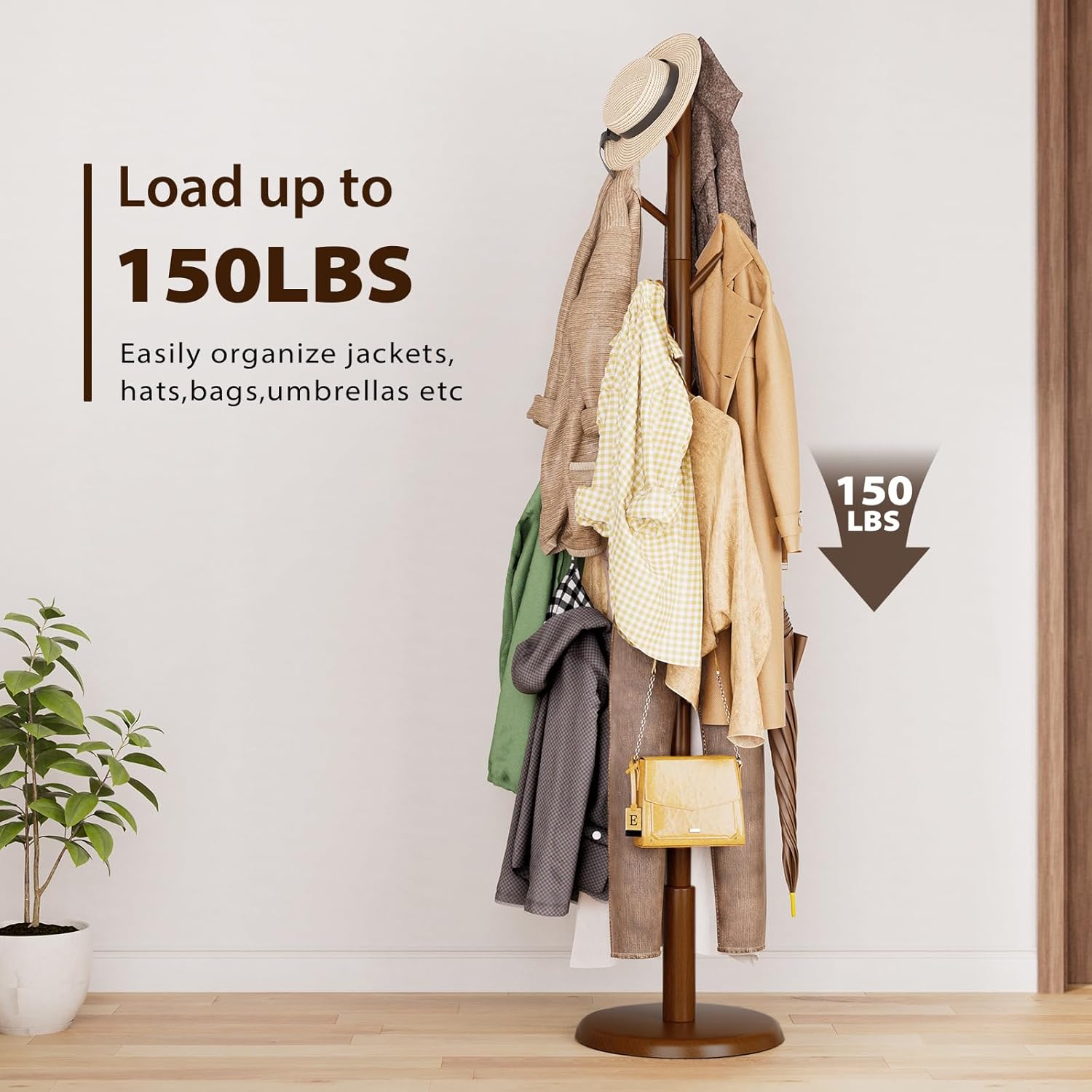 Taitiy Solid Wood Coat Rack Freestanding Coat Tree with 10 Hooks for Bedroom, Livingroom, Entryway, Sturdy Coat Hanger Stand for Hats, Coats, Scarves, Handbags, Purses