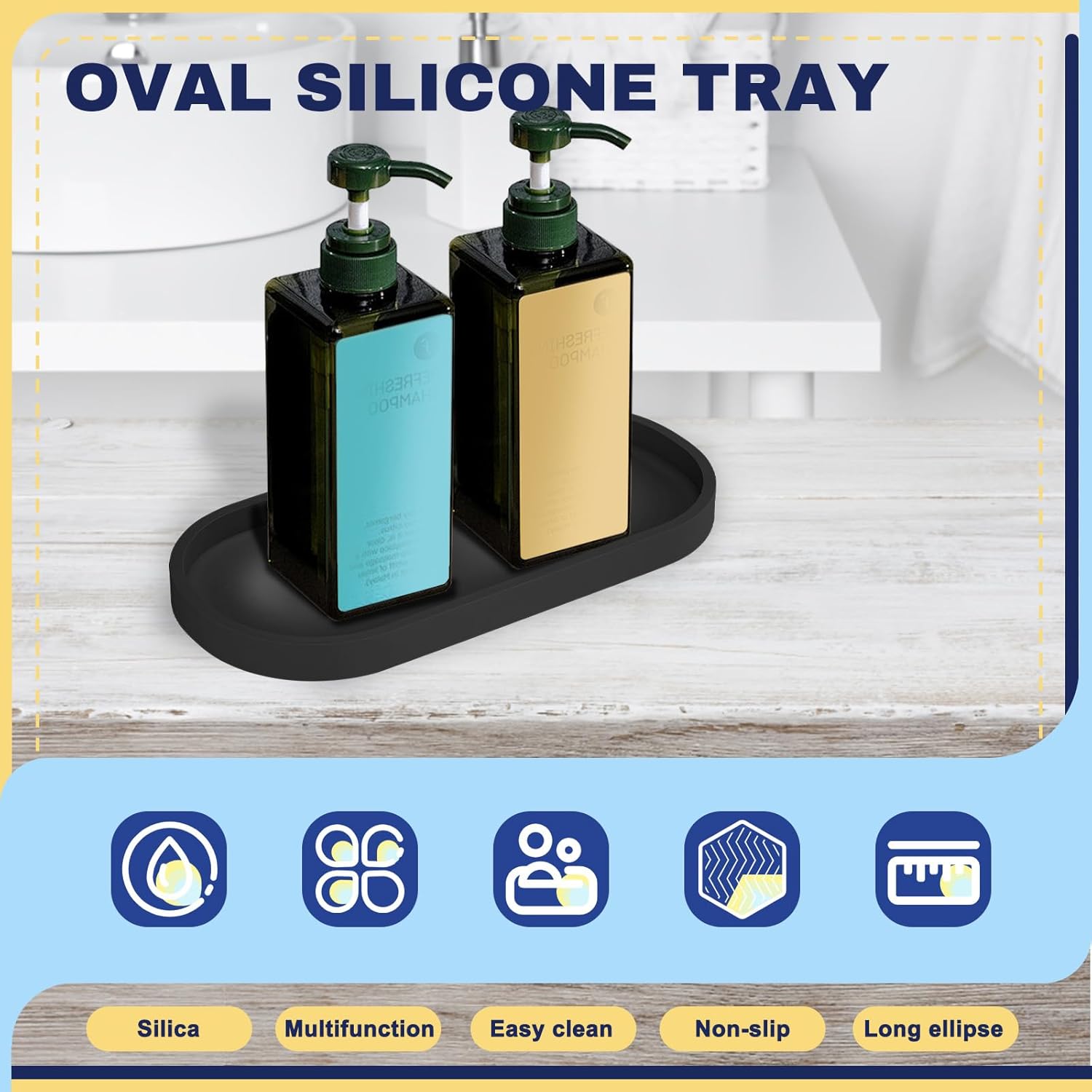 2 Pieces Silicone Shatterproof Bathroom Vanity Tray, 9.8" & 11.8" Oval Black Kitchen Counter Tray, Hand Soap Dispenser Tray, Toilet Top Perfume Trays for Dresser Holder Organizer (Black)