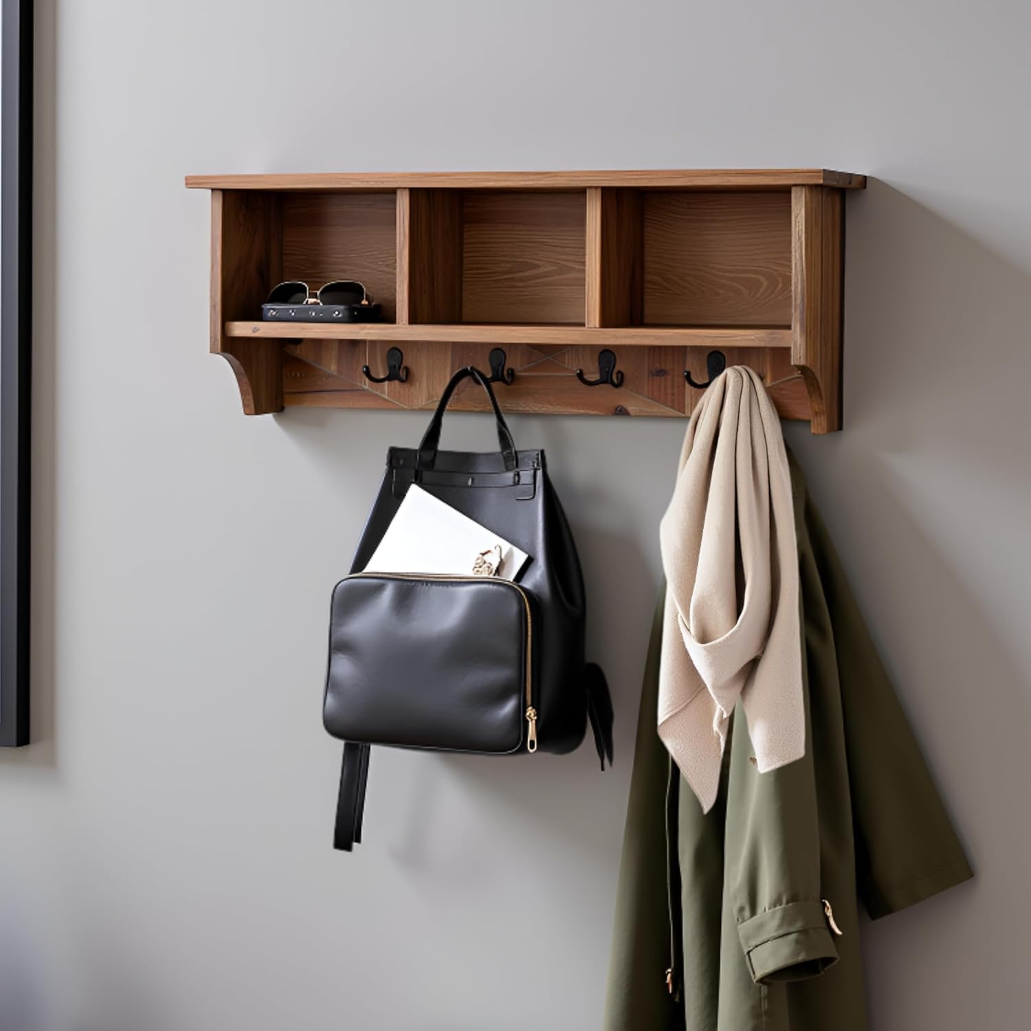 Revive Solid Wood Wall Mounted Coat Rack with 3 Cubbies and 4 Double Hooks – 36" Entryway Wall Shelf Organizer with Easy Installation for Hallway or Mudroom Storage by Alaterre Furniture (Natural)
