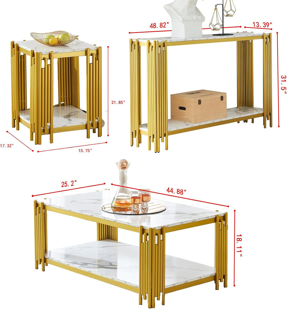 3 Piece Living Room Table Set, Faux Marble Coffee Table, Console Table and En...