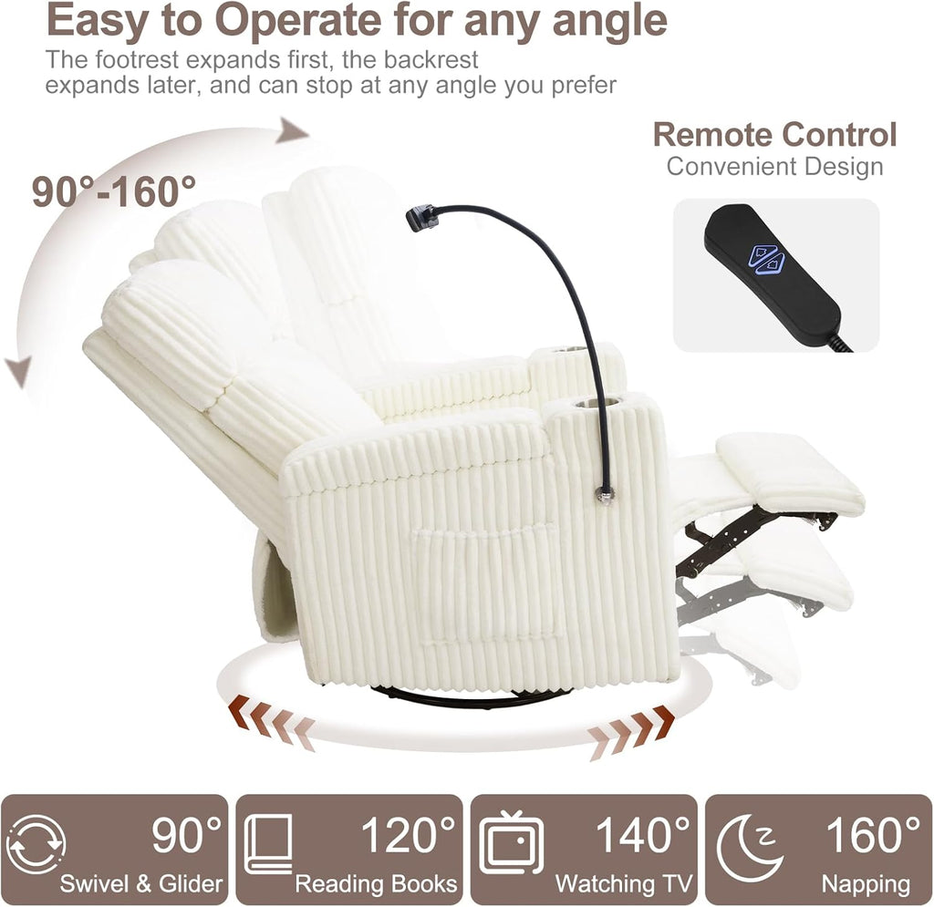 ABCASA Power Recliner Rocking Chair Nursery Glider, Swivel Reclining Nursery Rockers for Baby Room & Living Room, Corduroy Chair with Phone Holder, USB/Type-C Ports, Arm Storage, White