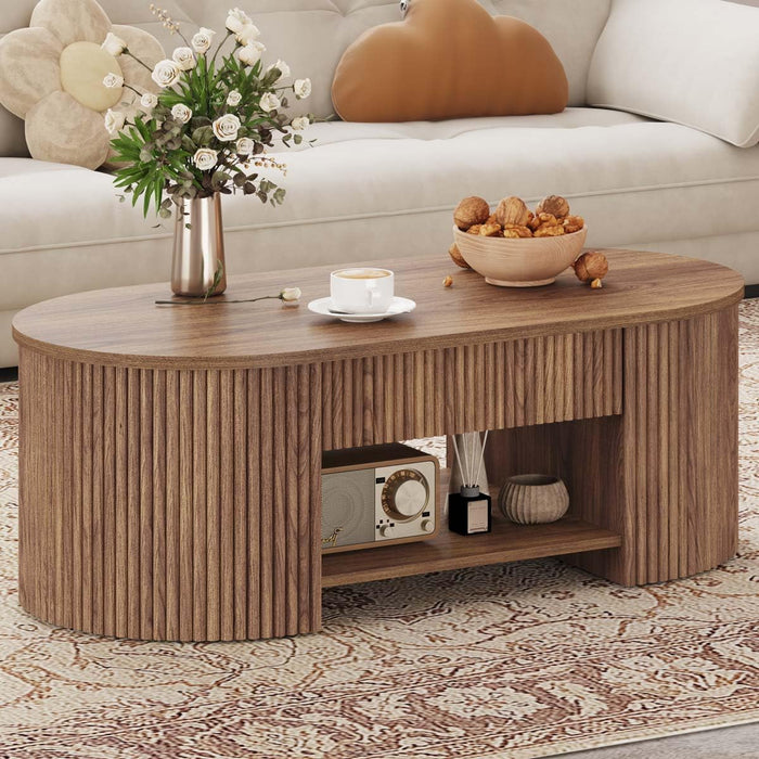 FATORRI Oval Coffee Table with Fluted Wood Panels, Mid-Century Modern Center Table with Storage Drawer and Open Shelf, Walnut Cocktail Table for Living Room, Bedroom, Home Office, 43 Inch
