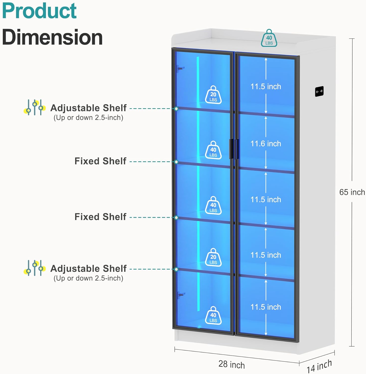 Lvifur 65" LED Display Cabinet with Lights for Living Room, 5 Tier Bookcase with Adjustable Shelves for Office, Tall Storage Cabinet with Human Body Induction for Collectibles (White)